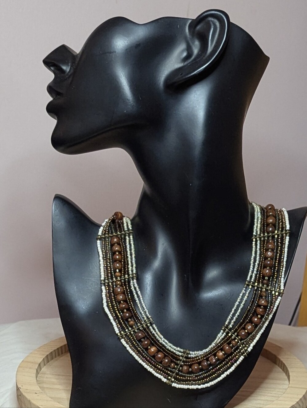 Multi-Strand Earthy Boho Collar Necklace – Wood & Seed Beads | Antique Brass
